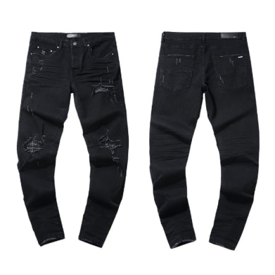 Black Denim Jeans with Rhinestone Mesh Lined Distressing